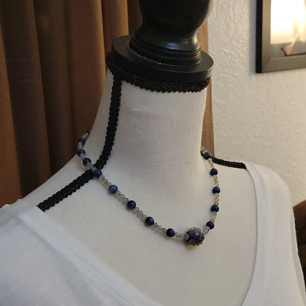 HANDMADE Labrodite Cat's Eye Lampwork Focal Beaded Princess Necklace